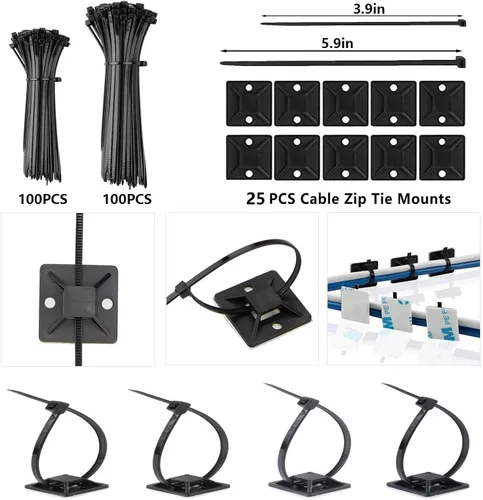 Miniatura 6 de ELII Kit de gestión de cables de 328 piezas, 8 soportes magnéticos para cables, 69 clips adhesivos para cables, 4 fundas para cables divididas, 22