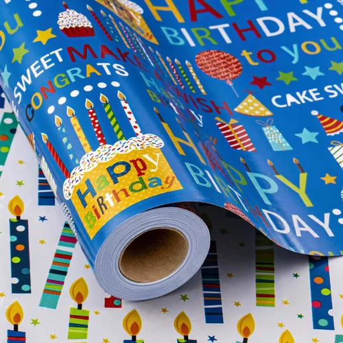 Homeral Rollo de papel de regalo azul para cumpleaños - 17 pulgadas x 16.5 pies, con letras reversibles de "Feliz Cumpleaños" y velas coloridas.