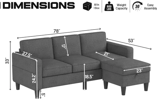 Miniatura 2 de ZeeFu Sofá para sala de estar – Sofá seccional en forma de L de lino beige de 78 pulgadas con otomana de almacenamiento – Moderno sofá tapizado