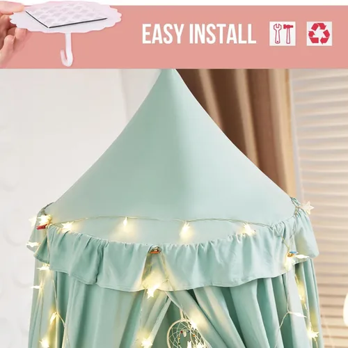 Miniatura 4 de Kertnic - Toldo decorativo para cama de niños, carpa de algodón suave para decoración de habitación de niñas, castillo de princesa de ensueño, Verde