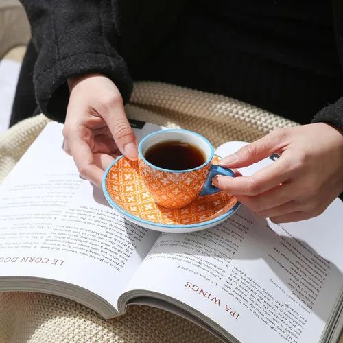Miniatura 2 de Selamica Tazas de café expreso de cerámica de 2 onzas, juego de tazas de café expresso pequeñas con platillos, mini tazas demitasse de porcelana