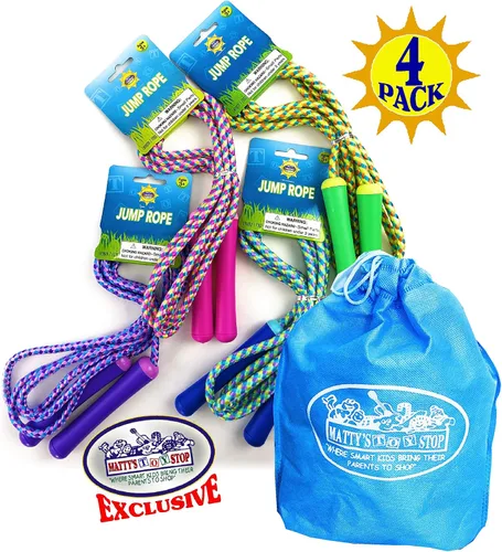 Miniatura 3 de Paquete de 4 cuerdas de saltar de lujo de 7 pies (7 pies) rosa, verde, morado y azul, paquete de fiesta con bolsa de almacenamiento Matty's Toy Stop