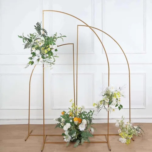 Miniatura 8 de Tableclothsfactory Soporte para telón de fondo de arco de boda de metal dorado de 5 pies, diseño floral de media luna