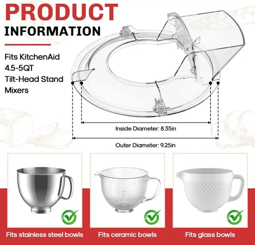 Miniatura 3 de Escudo de vertido para mezclador KitchenAid, protector contra salpicaduras para batidora de pie de ayuda de cocina, funciona con cuencos mezcladores
