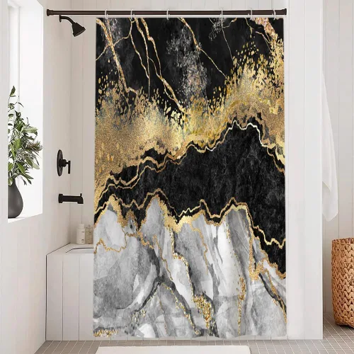 Miniatura 3 de Cortina de ducha pequeña de mármol negro y blanco, cortina de ducha con purpurina dorada, textura estética abstracta con pintura de gouache, cortina