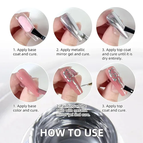 Miniatura 7 de Esmalte de uñas de gel de pintura metálica dorada de 0.3 fl oz, esmalte de uñas de gel metálico espejo 3D, flores/líneas de dibujo de gel metálico