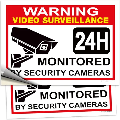 iSYFIX Adhesivo de señal de advertencia de videovigilancia, paquete de 2 unidades de 14 x 10 pulgadas, vinilo autoadhesivo de alta calidad, laminado