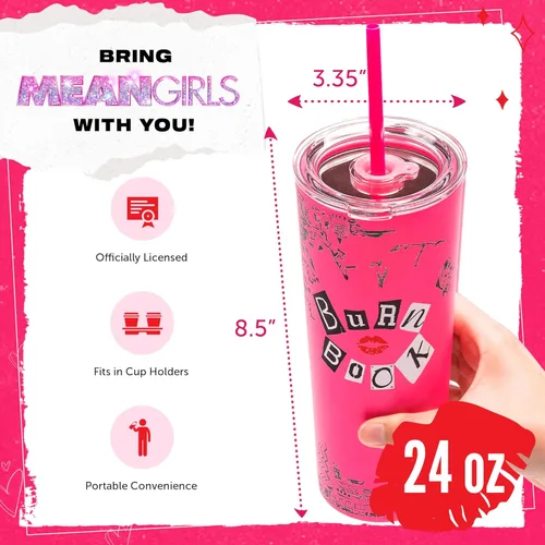 Miniatura 2 de Vaso con aislamiento al vacío de Dragon Glassware x Mean Girls con tapa y pajita - Vaso de 24 onzas con 2 pajitas - Vaso de acero inoxidable