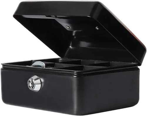 Decaller - Caja de dinero pequeña con cerradura de llave, caja de dinero de metal portátil con doble capa y 2 llaves para seguridad, negro, 6 x 4
