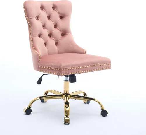 Miniatura 11 de LKTART Silla de oficina tapizada de terciopelo con botón copetudo con base de metal dorado, silla de escritorio ajustable silla de oficina giratoria