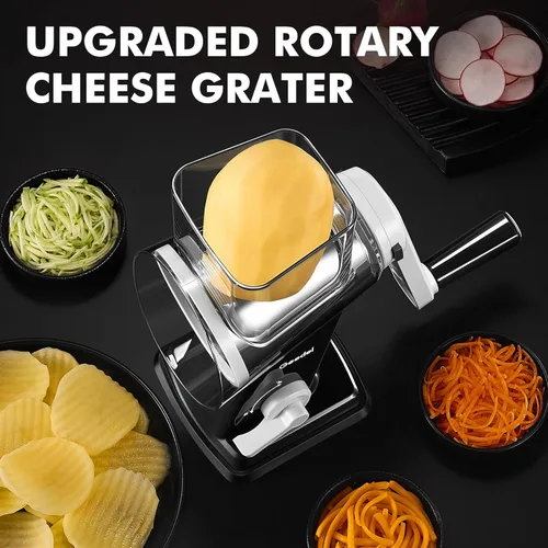 Miniatura 7 de Geedel Rallador rotativo de queso, triturador de verduras mejorado con 4 cuchillas intercambiables, triturador de queso fácil de limpiar con asa