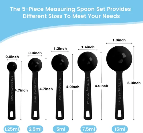 Miniatura 7 de Juego de 5 cucharas medidoras de acero inoxidable, tazas medidoras de metal para líquidos, alimentos, cocina, hornear (negro)