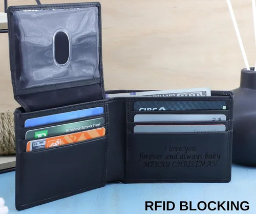 Miniatura 10 de Billetera plegable personalizada de piel auténtica para hombre, con bloqueo RFID, con ventana de identificación, tarjetero de cuero genuino
