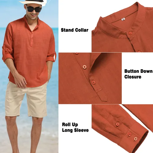 Miniatura 4 de LecGee Mens Cotton Linen Henley Shirt Long Sleeve Casual Beach Hippie T-Shirts Lightweight Yoga Tee Tops