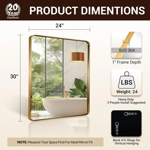 Miniatura 2 de ANDY STAR Espejo de baño dorado de 24 x 30 pulgadas, espejo de latón cepillado, espejos rectangulares redondeados, SUS304 antioxidante, marco