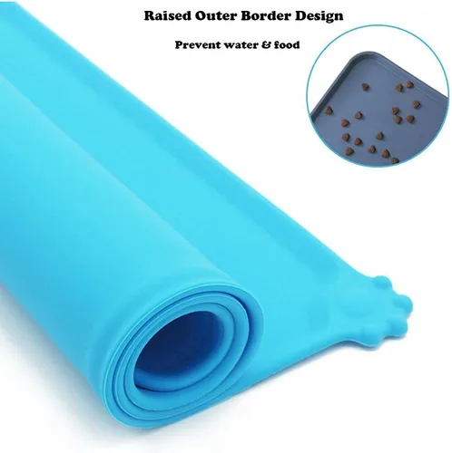 Miniatura 3 de Tapete de silicona para alimentación de mascotas, impermeable, para perros y gatos, bordes elevados para evitar derrames, bandeja individual Azul