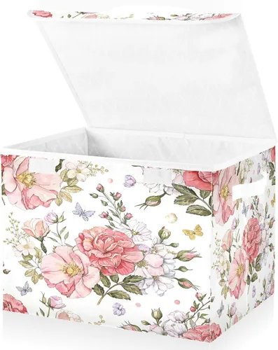 Miniatura 2 de Contenedores de almacenamiento de flores con tapas, cesta de tela plegable con asas 16.5" x 12.6" x 11.8" Decorative Storage Basket for Closet