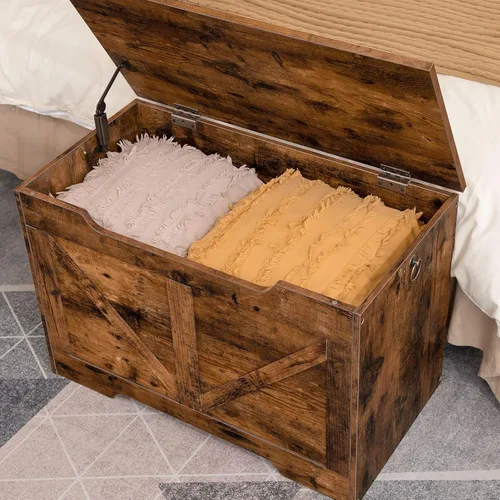 Miniatura 5 de HOOBRO Banco de almacenamiento, baúl de almacenamiento de madera retro de 29.5 pulgadas con tirador recortado en forma de U, bisagra de seguridad