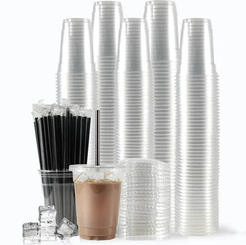 WUHUIXOZ [100 Juegos - Vasos de Plástico de 12oz con Tapas y Pajitas, Vasos Desechables para Café Helado, Batido, Malteada, Bebidas Frías -