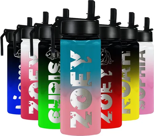 Miniatura 29 de Botella de agua personalizada para niños con tapa de popote en azul aguamarina degradado para la escuela, nombre personalizado para niños, 18 onzas