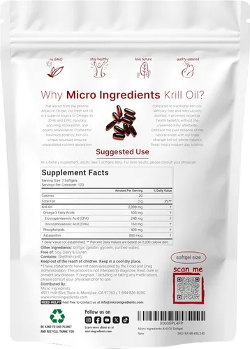 Miniatura 2 de Micro Ingredients Suplemento de Aceite de Krill Antártico, 2,000 mg por porción, 240 cápsulas blandas, triple potencia, rico en omega-3 EPA, DHA