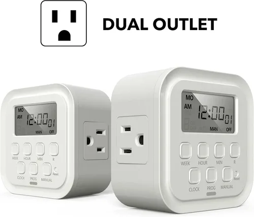 Miniatura 2 de HBN Temporizador digital resistente de 7 días, doble salida, programas de encendido/apagado. Temporizador programable de 3 puntas, para interiores