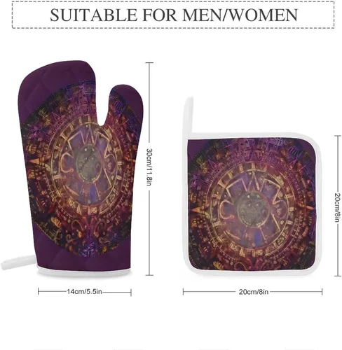 Miniatura 2 de Guantes de horno y agarraderas con calendario maya azteca, guantes de barbacoa, guantes de cocina para cocinar, hornear y asar a la parrilla