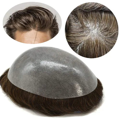 Miniatura 101 de Toupee para hombres Sistema de reemplazo de cabello humano real duradero invisible para hombre Toupee Hair Piece para hombres Poly Men Sistema