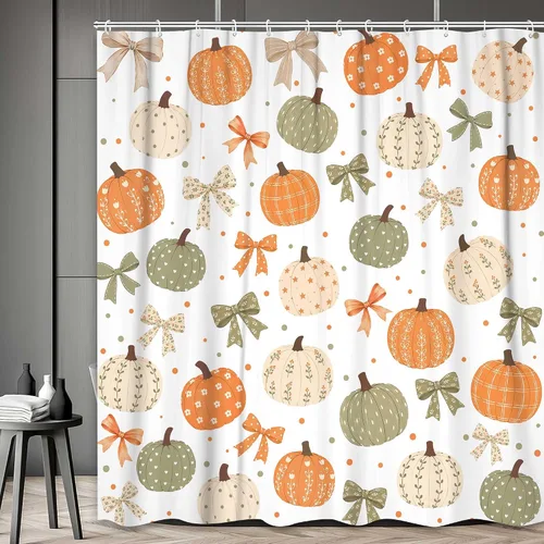 Miniatura 3 de Boho Fall Pumpkin Bow Shower Curtain for Bathroom, Waterproof Thanksgiving Harvest Autumn Bath Curtain with Hooks, Washable Privacy Curtain for Kids