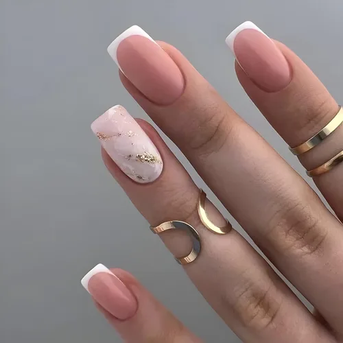 Miniatura 14 de Uñas postizas a presión con puntas francesas, uñas postizas de color rosa medio con diamantes de imitación brillantes, uñas postizas acrílicas