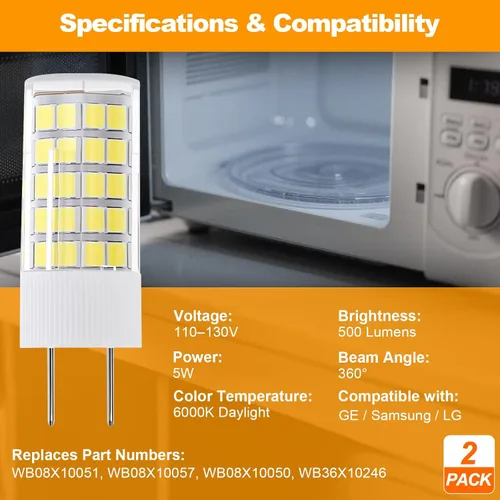 Miniatura 3 de Bombilla LED de vidrio G8 para microondas equivalente a 50 W, 130 V, 5 W, 500 lm, luz blanca diurna, compatible con campana de microondas GE Samsung