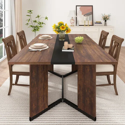 Miniatura 3 de chartustriable Mesa de comedor para 4 a 6 personas, mesa de cocina moderna grande de 71 pulgadas con diseño de camino de mesa integrado, mesa