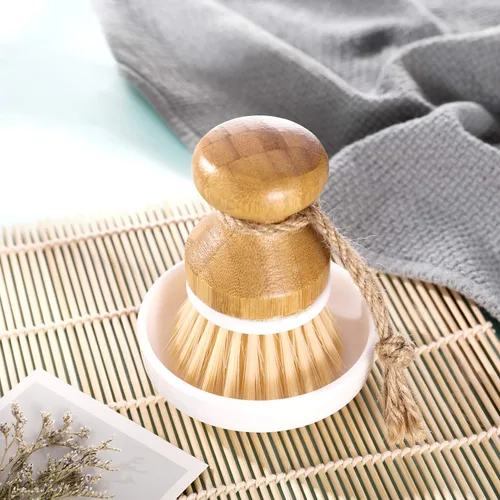 Miniatura 5 de Boao Cepillo de bambú para limpiar platos y 1 soporte de madera natural para limpiar la cocina, cepillo duradero de bambú para limpiar ollas