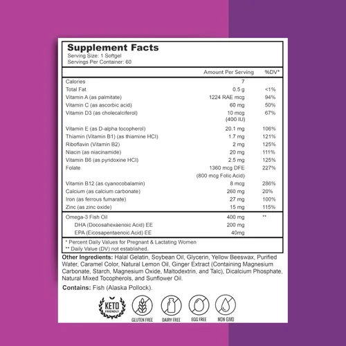 Miniatura 2 de Zaytun Vitamins Vitaminas prenatales halal + DHA, hierro de ácido fólico, jengibre para calmar, un día, para todas las etapas del embarazo, sin