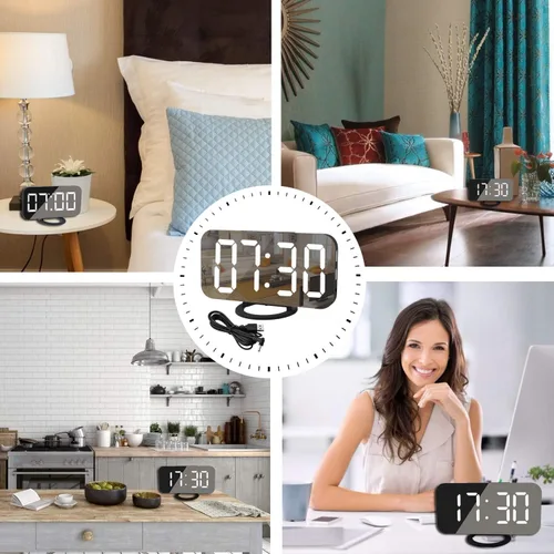 Miniatura 7 de Reloj Digital con Pantalla Grande, Relojes Despertadores LED Eléctricos con Superficie de Espejo para Maquillaje con Modo de Atenuación, 3 Niveles