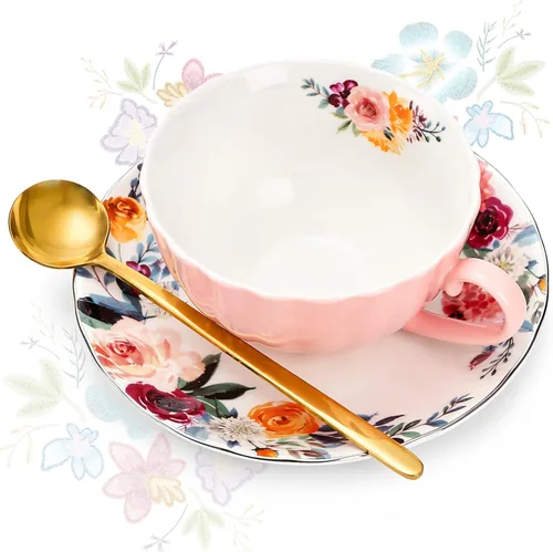 Miniatura 4 de Lyellfe Juego de 2 tazas de té y platillos, tazas de té florales de 8 onzas con cuchara, tazas de café británicas de porcelana para fiestas