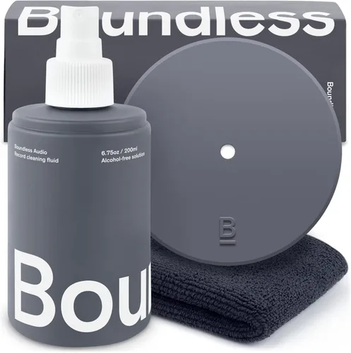 Boundless Audio Solución de limpieza de discos – Líquido limpiador de vinilo de 6.75 onzas, paño limpiador de vinilo y protector de etiquetas de