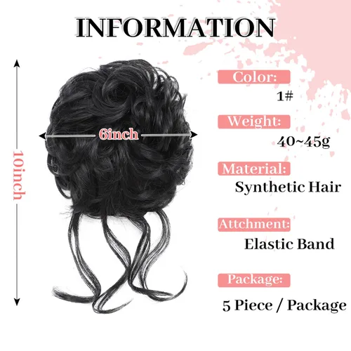 Miniatura 2 de 5 piezas de moños de pelo desordenado para mujeres, scrunchies, extensión de cola de caballo con banda elástica de goma, piezas de cabello para 1b#