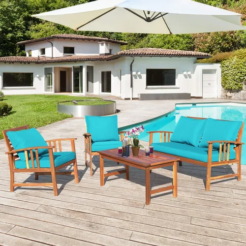 Miniatura 10 de Tangkula - Juego de muebles de madera de 4 piezas para patio o exteriores, banco, mesa y dos sillas, con cojines