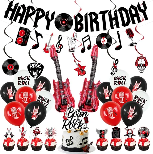 Crenics Decoraciones de Fiesta de Cumpleaños de Rock and Roll - Pancarta de Feliz Cumpleaños, Remolinos Colgantes, Adornos para Pasteles y Globos