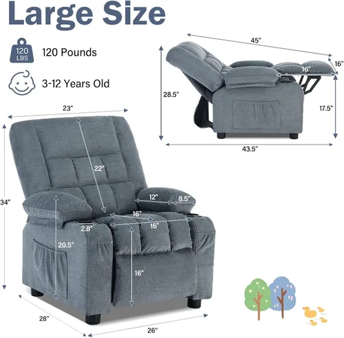 Miniatura 2 de BOSMILLER Silla reclinable para niños, sillón reclinable con respaldo para tazas y bolsillos laterales, reposapiés ajustable y reposacabezas