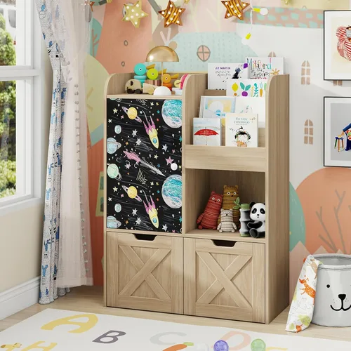 Miniatura 3 de Organizador de almacenamiento de juguetes para niños con rincón de lectura, estantería de madera para niños con pizarra y 2 cajones móviles, Roble