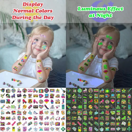 Miniatura 6 de 96 piezas de tatuajes temporales precortados que brillan en la oscuridad de los años 80 para decoración de fiesta de cumpleaños, suministros
