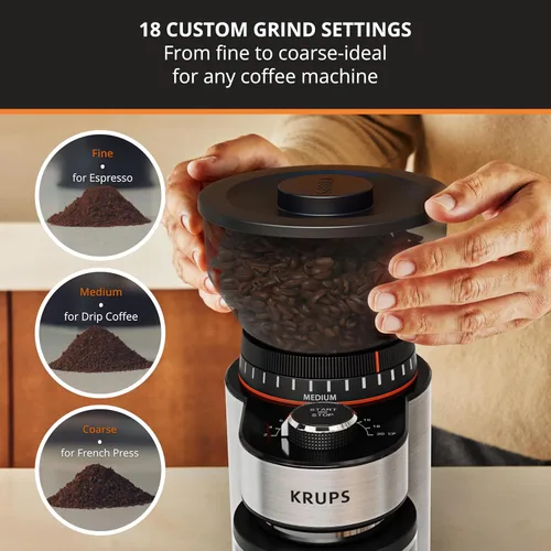 Miniatura 3 de KRUPS Molinillo de café eléctrico de rebaba plana, 18 configuraciones ajustables de molienda, de 2 a 20 tazas por molienda, toque único, molinillo