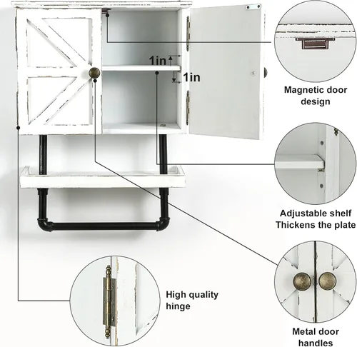 Miniatura 5 de Armario de almacenamiento sobre inodoro de 23.1 x 16.9 pulgadas, gabinete de baño con estante de pared ajustable y toallero, puertas dobles, Negro