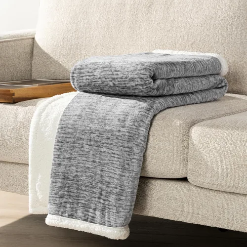 Miniatura 5 de Manta de sherpa melange premium para sofá y sillón de Pavilia Suave, esponjosa, mullida, cálida, acogedora Gris claro, ligera, de microfibra