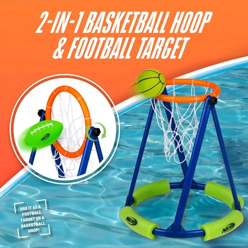 Miniatura 2 de NERF - Juego de aro de baloncesto flotante para piscina + red de fútbol – Baloncesto acuático + (2) pelotas de fútbol acuáticas incluidas – Aro