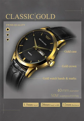 Miniatura 3 de BRIGADA Relojes para hombre de la marca suiza clásico reloj de vestir dorado para hombre con calendario de fecha, cuarzo casual de negocios