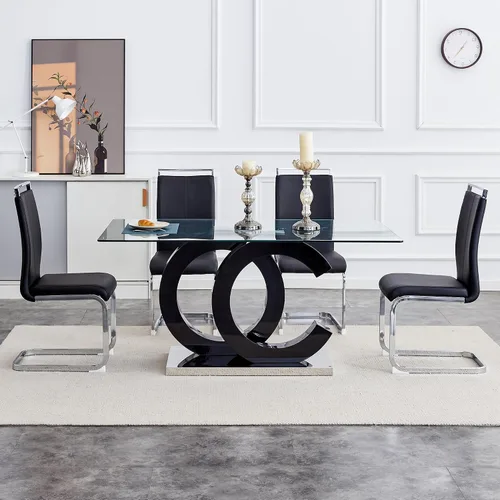 Miniatura 12 de Juego de mesa de comedor Ebullient para 6, juego de mesa de comedor de 7 piezas, tapa de mesa de cristal templado, mesa moderna de comedor con 6