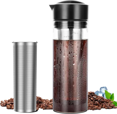 YMMIND Cafetera de café frío de 25 onzas con capacidad para 4 tazas, cafetera helada, jarra de vidrio de borosilicato resistente al calor frío,